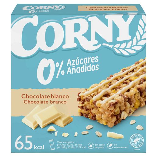 CORNY Barras Cereais 0% Açúcar Chocolate Branco 6x20 g