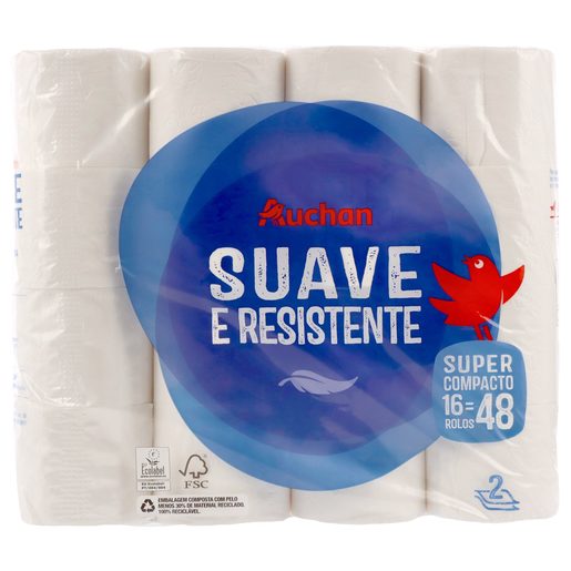 AUCHAN Papel Higiénico Suave e Resistente 2 Folhas (16=48 Rolos) 16 un